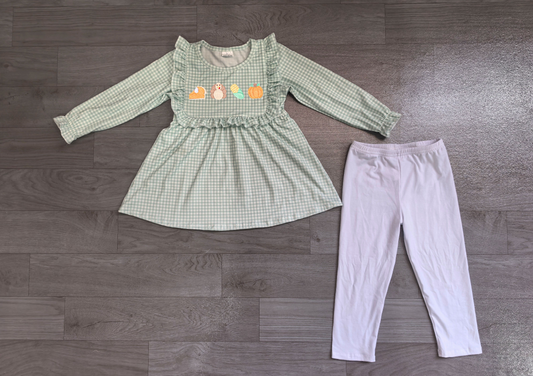 ( No moq ) Preorder Baby Girls Kids Embroidery turkey Pumpkins Tunic Pants Fall Set Clothes