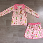 ( No moq ) Preorder Baby Girls Kids Christmas Bows Face Zipper Pullover Skirt Shorts Pink Set Clothes