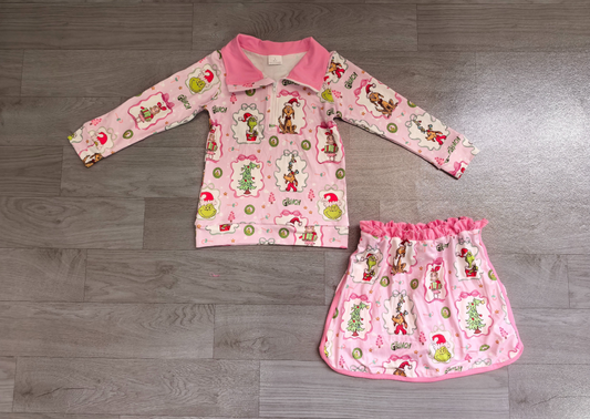 ( No moq ) Preorder Baby Girls Kids Christmas Bows Face Zipper Pullover Skirt Shorts Pink Set Clothes