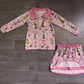 ( No moq ) Preorder Baby Girls Kids Christmas Bows Face Zipper Pullover Skirt Shorts Pink Set Clothes