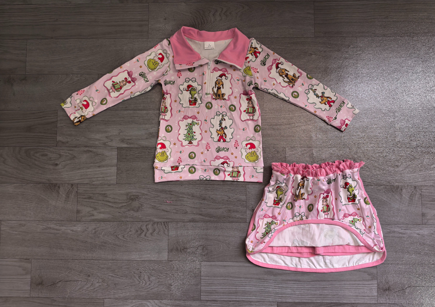 ( No moq ) Preorder Baby Girls Kids Christmas Bows Face Zipper Pullover Skirt Shorts Pink Set Clothes