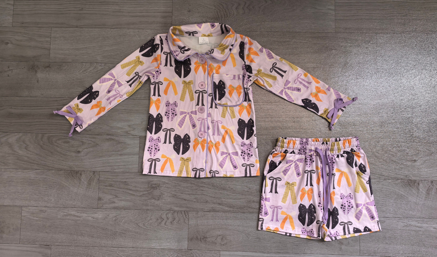 ( No moq ) Preorder Adult Women Halloween Bows Buttons Tops Pockets Shorts Pajamas Purple Set