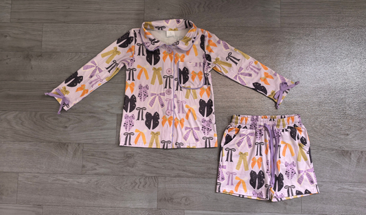 ( No moq ) Preorder Adult Women Halloween Bows Buttons Tops Pockets Shorts Pajamas Purple Set
