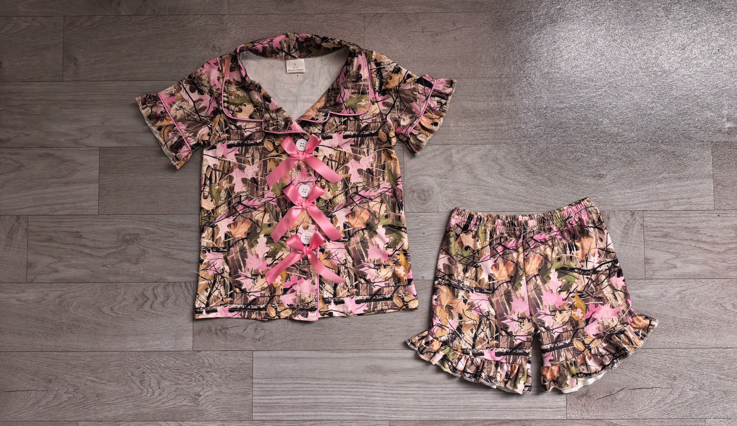 ( No moq ) Preorder Baby Girls Kids Pink Bows Buttons Shirt Leaves Ruffle Shorts Hunting Pajamas Set