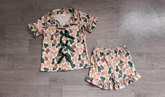 ( No moq ) Preorder Baby Girls Kids Camo Green Bows Buttons Shirt Ruffle Shorts Hunting Pajamas Set