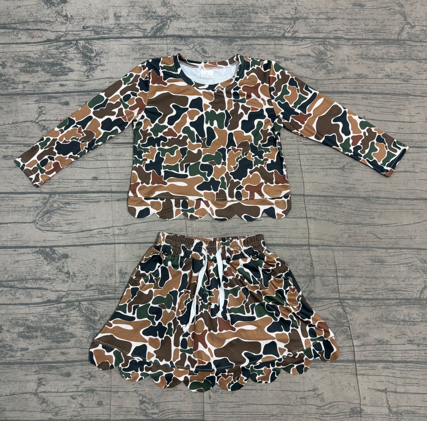 ( No moq ) Preorder Baby Girls Kids Long Sleeves Shirt Scallop Pockets Skirt Shorts Brown Camo Set Clothes