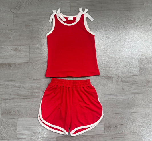 ( No moq ) Preorder Baby Girls Kids White Bows Shirt Shorts Red Set Summer Clothes