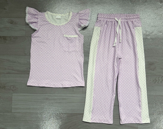( No moq ) Preorder Baby Girl Kids Short Sleeves Pocket Shirt Dots Pants Lavender Set Clothes\
