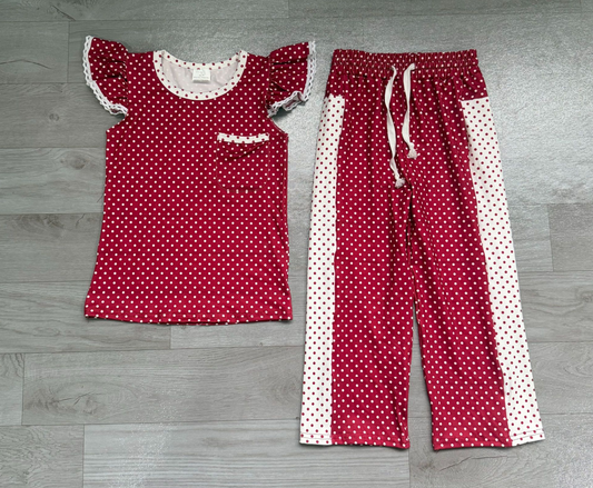 ( No moq ) Preorder Baby Girl Kids Short Sleeves Pocket Shirt Dots Pants Red Set Clothes