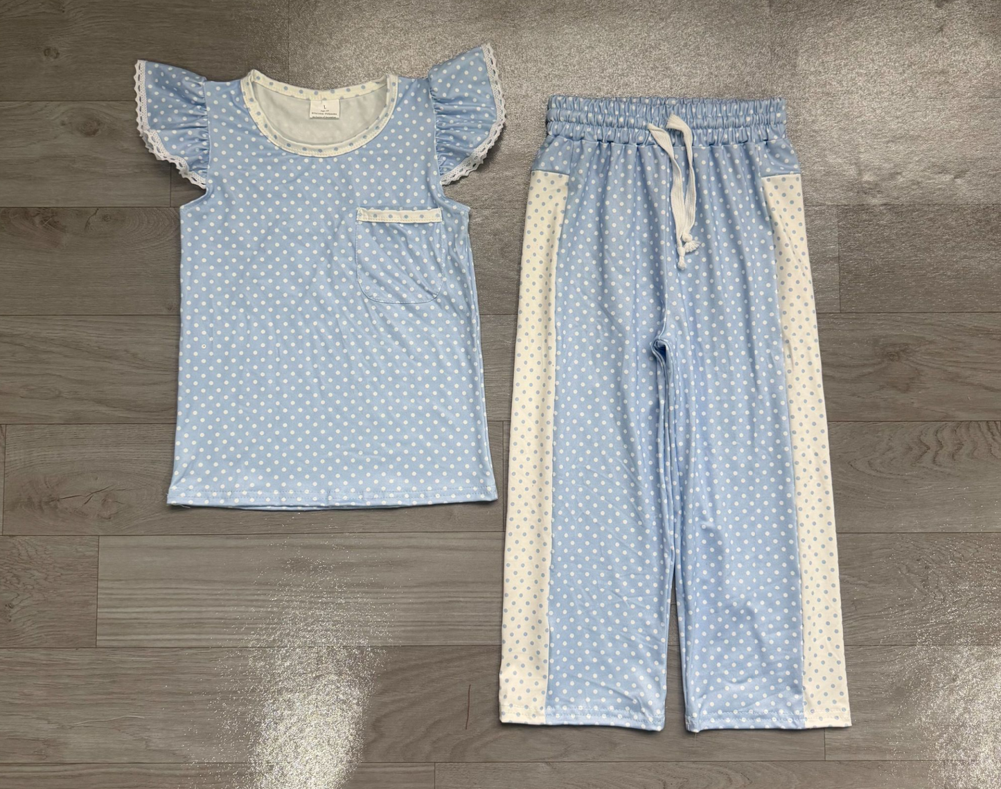 ( No moq ) Preorder Baby Girl Kids Short Sleeves Pocket Shirt Dots Pants Blue Set Clothes