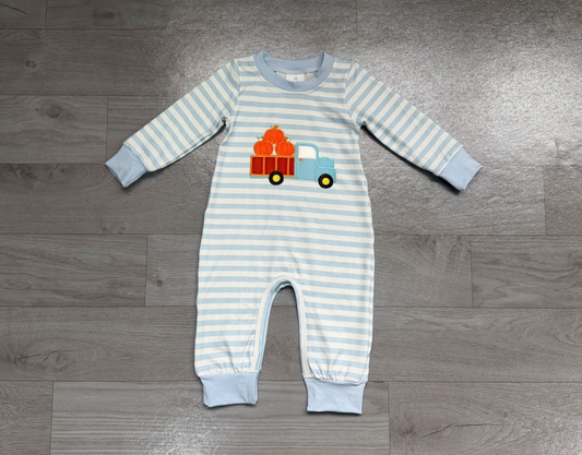 ( No moq ) Preorder Baby Boy Infant Embroidery Pumpkins Truck Stripes Romper Fall Clothes