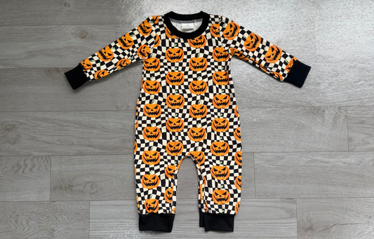 ( No moq ) Preorder Baby Boy Halloween Pumpkins Checkered Romper