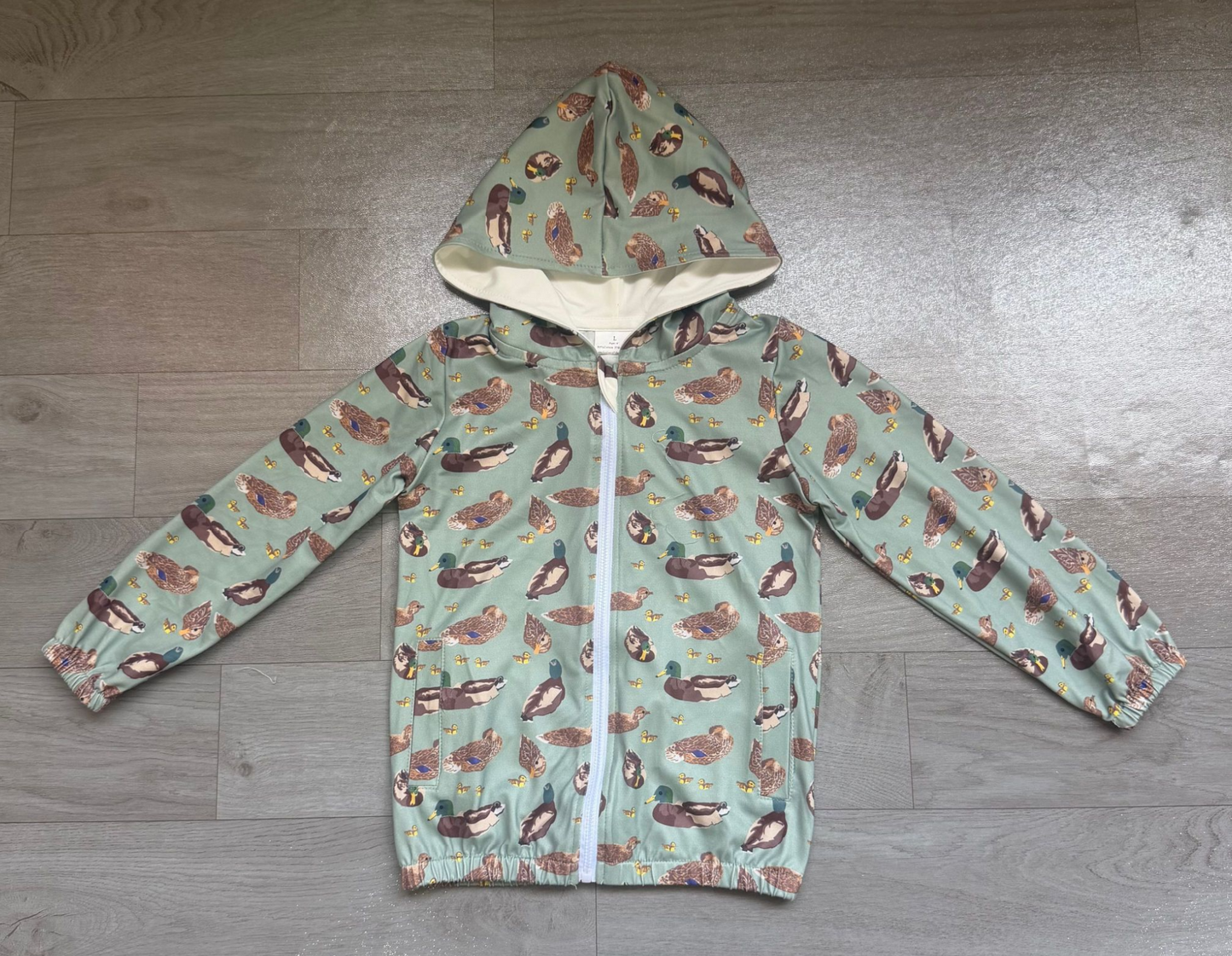 ( No moq ) Preorder Baby Boys Kids Green Long Sleeves Ducks Pockets Hoodie Zipper Shirt Tops