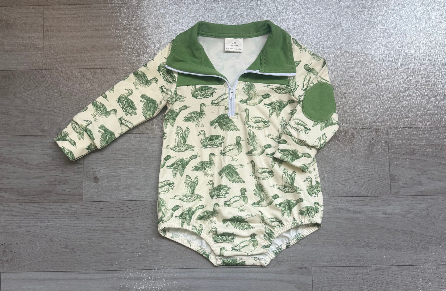 ( No moq ) Baby Boys Infant Long Sleeves Ducks Zipper Green Bubble Romper Clothes