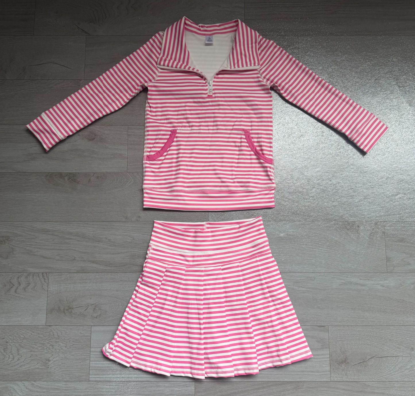( No moq ) Preorder Baby Girls Kids Long Sleeves Pink Stripes Zipper Shirt Skirt Shorts Set Yoga Active Clothes