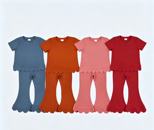 Sibling Baby Girls Kids Short Sleeves Shirts Bell Pants Scallop Cotton Sets Clothes RTS