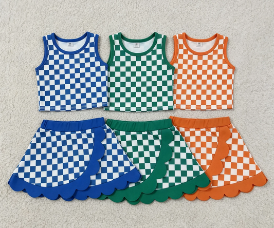 Sibling Baby Girls Kids Sleeveless Checked Shirts Scallop Skirts Shorts Yoga Active Sets Clothes RTS