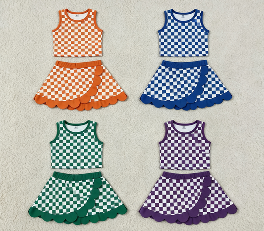 Sibling Baby Girls Kids Sleeveless Checked Shirts Scallop Skirts Shorts Yoga Active Sets Clothes RTS