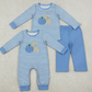Sibling Baby Boys Embroidery Pumpkins Dogs Blue Stripes Romper Set Thanksgiving Clothes RTS
