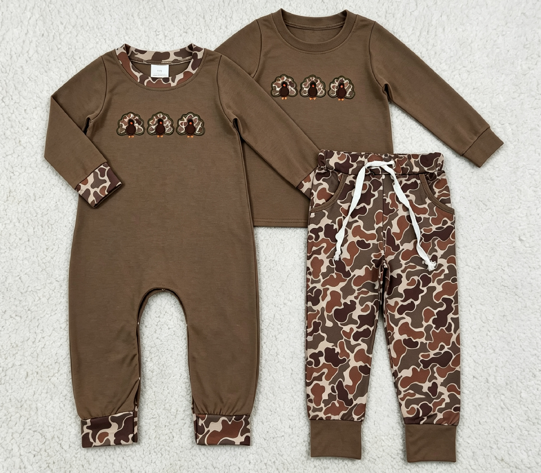 Sibling Baby Boys Kids Long Sleeves Embroidery turkey Romper Set Thanksgiving Camo Clothes RTS