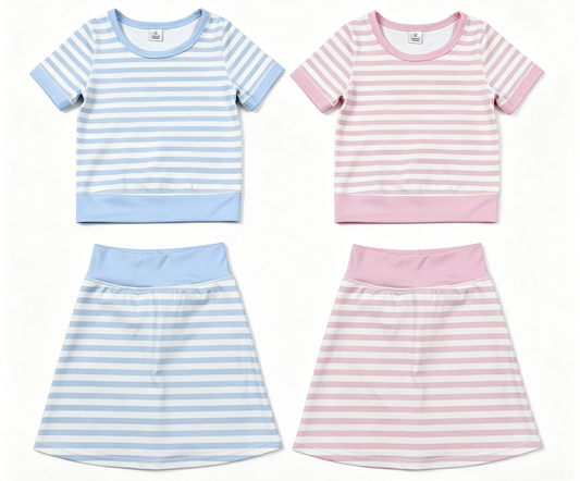 Sibling Baby Girls Kids Short Sleeves Shirt Stripes Skirts Shorts Sets Yoga Active Clothes RTS