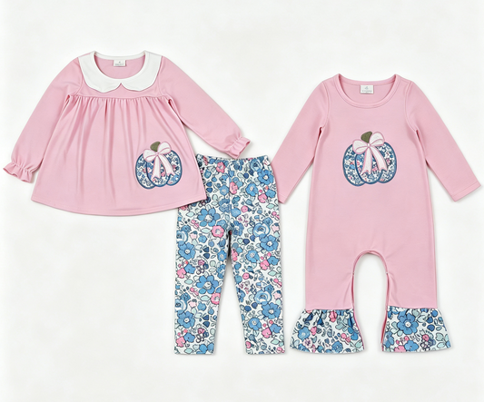 Sibling Baby Girls Kids Embroidery Thanksgiving Pumpkins Bows Flower Romper Set Fall Clothes RTS