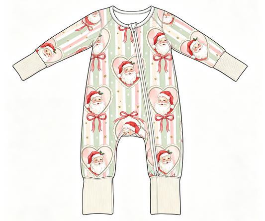 ( Moq 5 ) Custom Baby Girls Infant Santa Bows Stripes Christmas Footie Zipper Romper Clothes