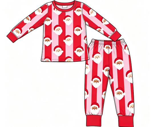 ( Moq 5 ) Custom Baby Girls Kids Long Sleeves Santa Stripes Shirt Pants Set Christmas Pajamas Clothes