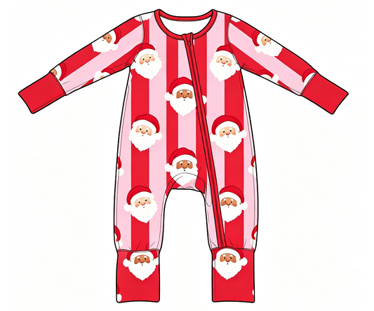 ( Moq 5 ) Custom Baby Girls Infant Santa Stripes Christmas Footie Zipper Romper Clothes