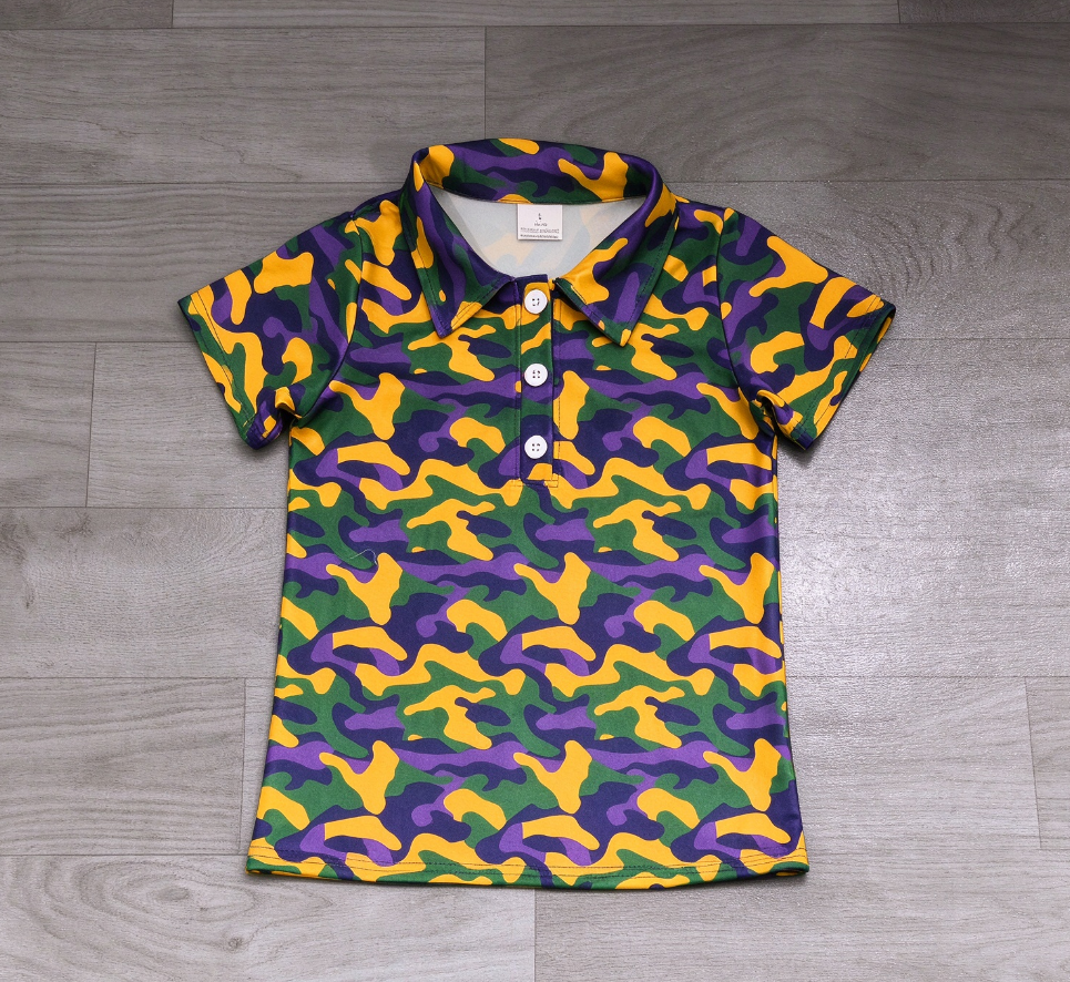 ( No moq ) Preorder Baby Boys Kids Camo Short Sleeves Buttons Mardi Gras Shirt Tops Clothes
