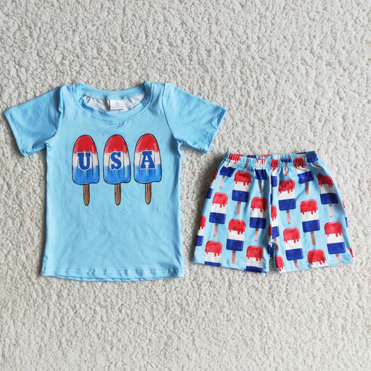 Promotion Baby Boy Short Sleeves Popsicle Shirt July 4th Blue Outfit