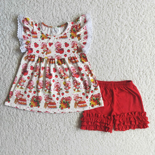 Promotion Baby Kids Short Sleeves Strawberry Girl Tunic Red Shorts Set RTS