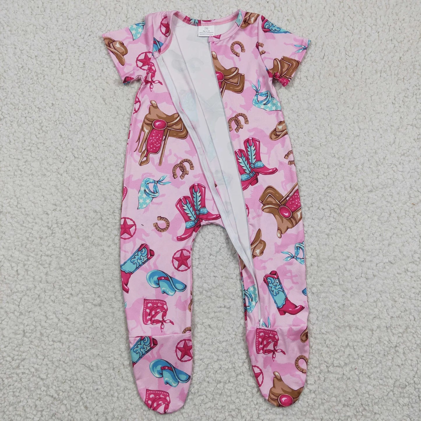 Promotion Baby Girl Western Boots Short Sleeves Zipper Romper Footed Coverall RTS