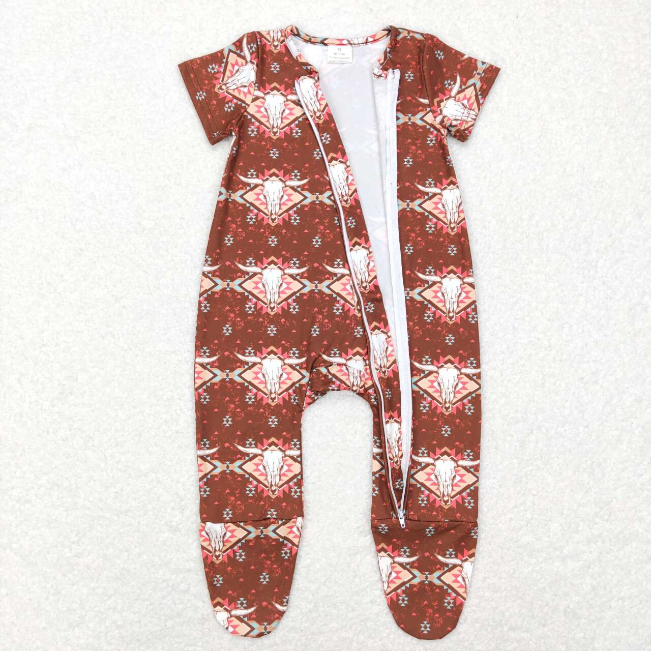 Promotion Baby Kids Infant Short Sleeves Cow Aztec Western Footie Zipper Romper RTS