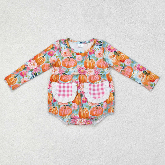 Baby Girl Long Sleeves Pumpkin Flower Pocket Romper