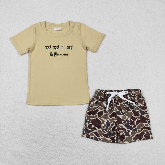 Baby Boy Short Sleeves Embroidery Dog Duck Shirt Camo Pocket Shorts Set