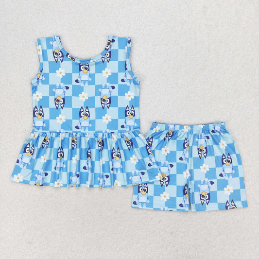 Baby Girl Sleeveless Tops Dogs Flower Checkered Shorts Blue Set