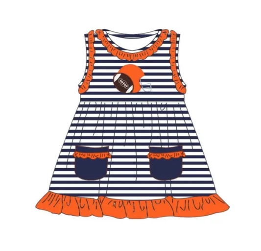 Moq 5 Baby Girl Sleeveless Football Stripes Pocket Orange Ruffle Dress