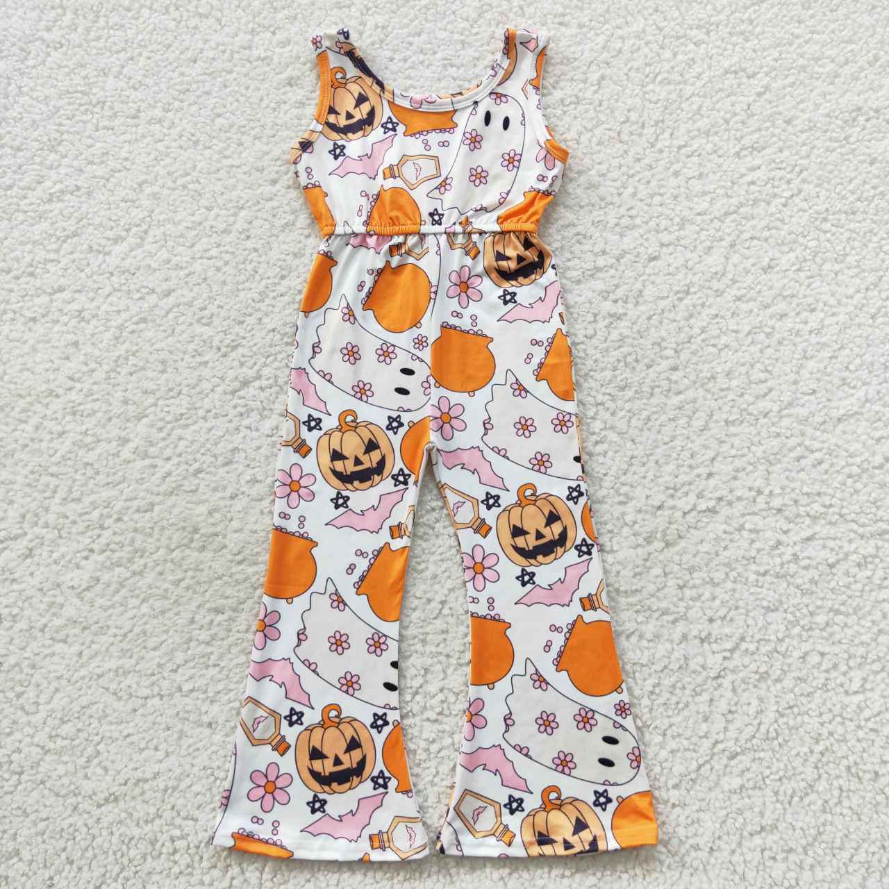 SR0410 Baby Girl Sleeveless Halloween Pumpkin Ghost Floral Jumpsuit