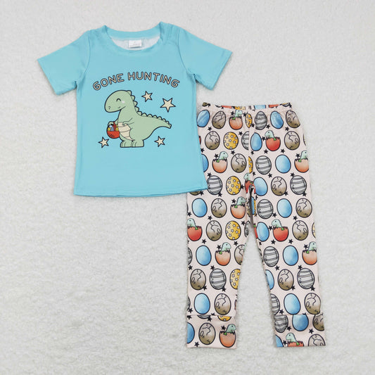 BSPO0202 Baby Boy Short Sleeves Dinosaur Shirt Eggs Pants Easter Set