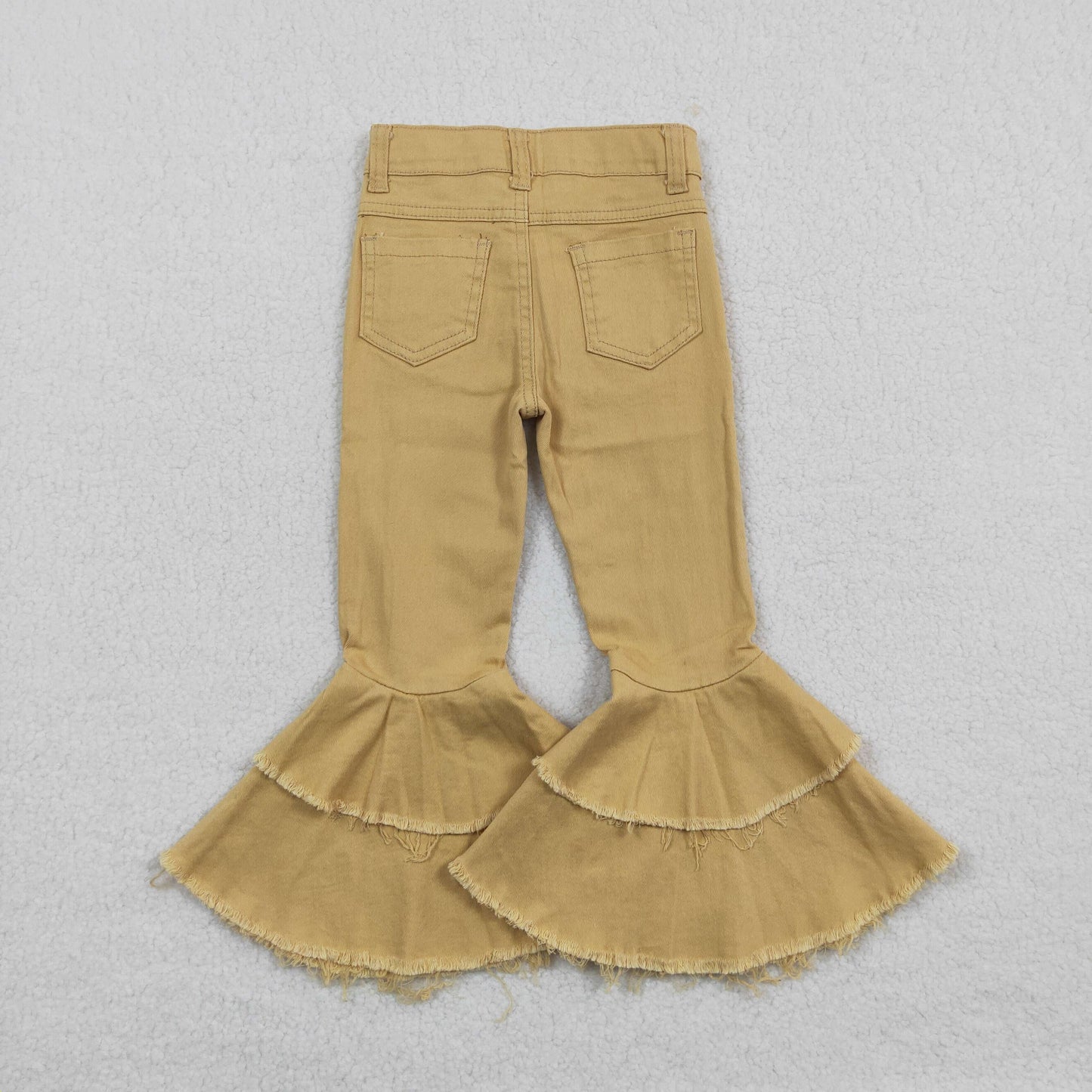 E12-20 Baby Girl Khaki Double Ruffle Denim Pants Jeans