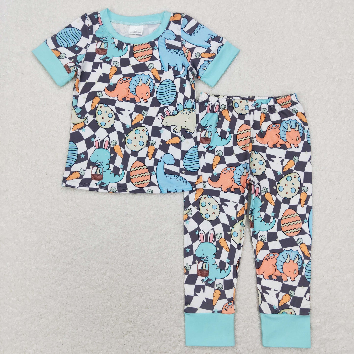 GSPO1203 Easter Baby Girl Short Sleeves Dinosaurs Eggs Rainbow Shirt Checkered Pants Pajamas Set