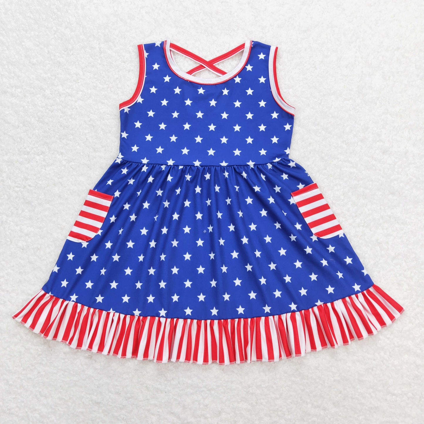 July 4th Baby Girl Sleeveless Stars Stripes Pocket Dress