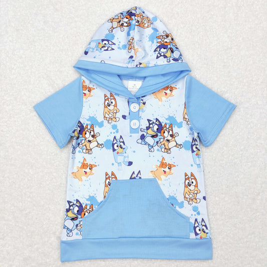 BT0452 Baby Boy Short Sleeves Dogs Pocket Hoodie Blue Pullover Tops