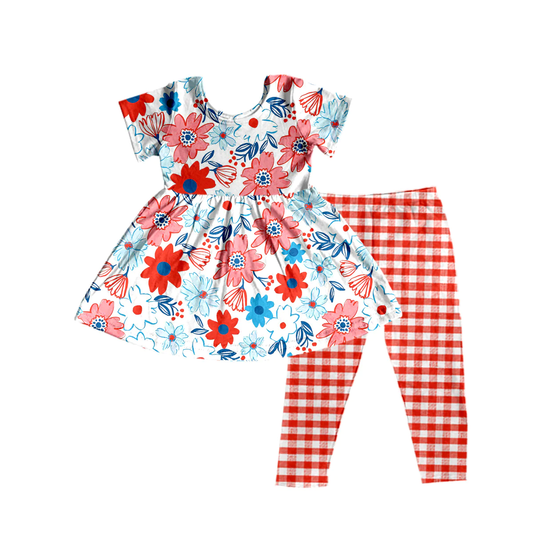 Moq 3 Pre-order GSPO1484 Baby Girl Floral Tunic Plaid Pants July 4th Set