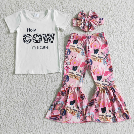 Promotion Baby Girl Short Sleeves Western Cow Shirt Pink Bell Pants Outfit