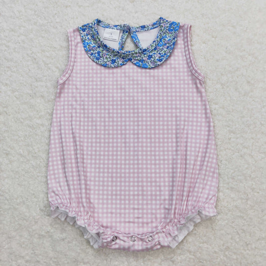 Baby Girl Sleeveless Summer Pink Plaid Floral Bubble One Piece Romper