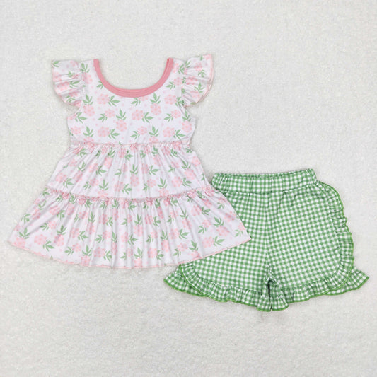 GSSO0440 Baby Girl Short Sleeves Floral Tops Green Checkered Shorts Set