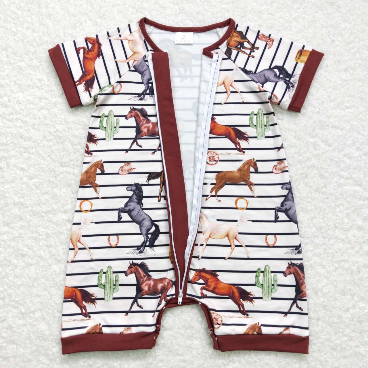 Baby Boy Short Sleeves Horse Stripes Zipper One Piece Western Romper