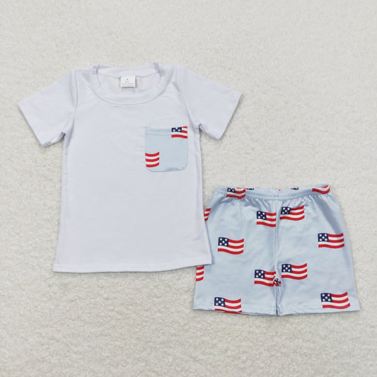 Baby Boy White Short Sleeves Pocket Shirt Flags Shorts July 4th Set